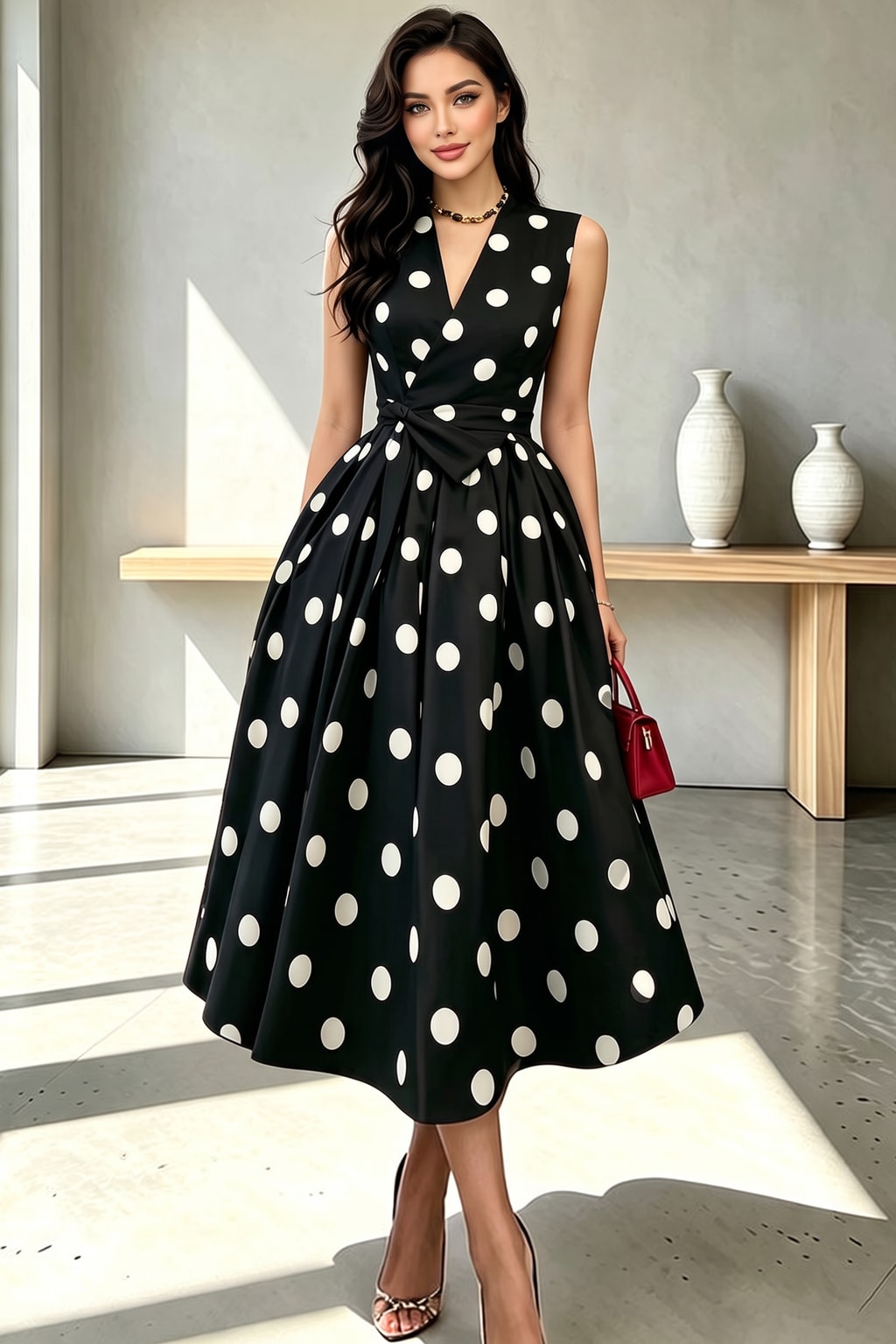 Polyester Midi Dress With Polka Dot Print - 5