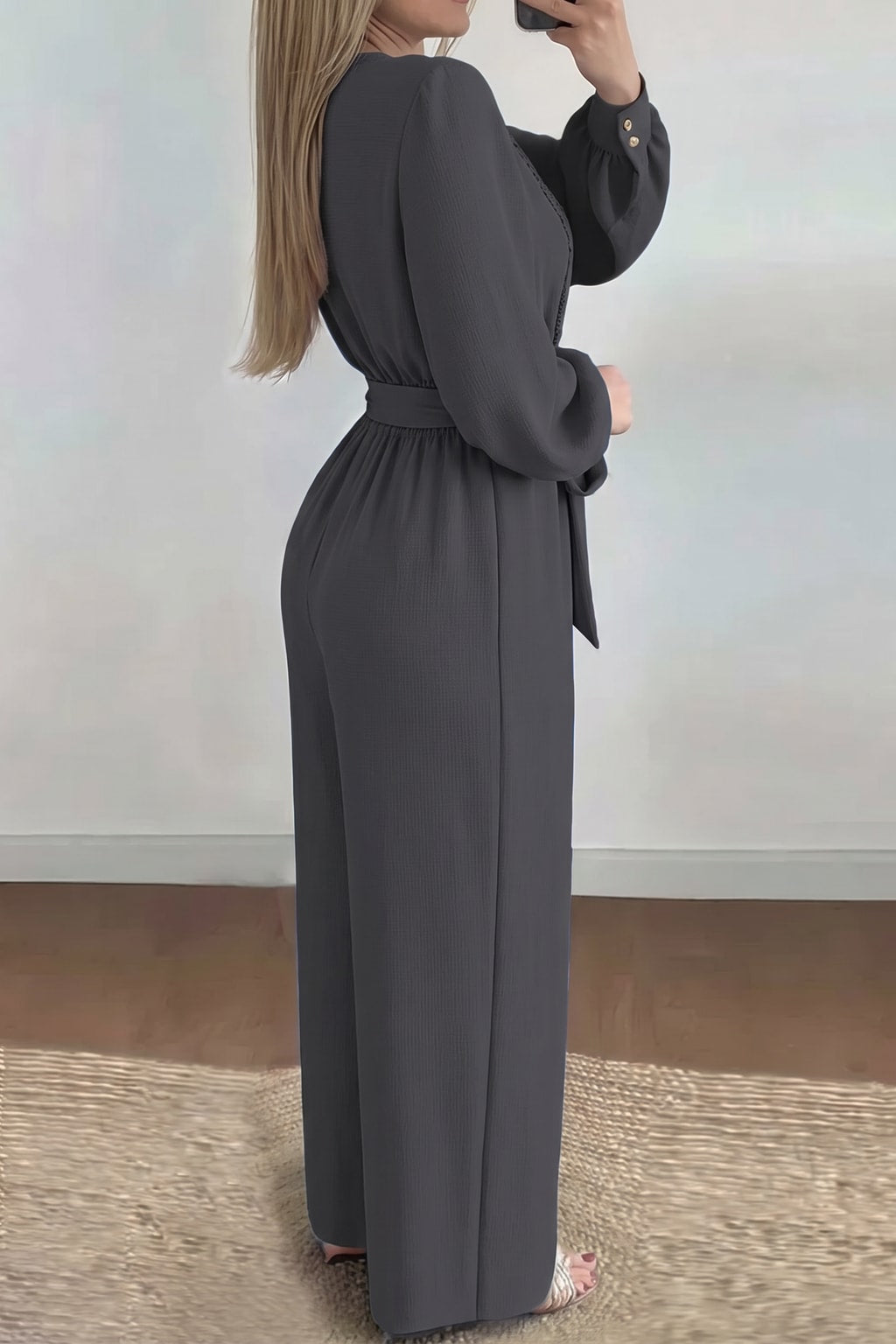 Cotton Long Sleeve Wide Leg Jumpsuit With Belt - 8