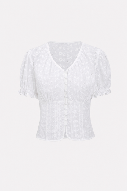White Floral Eyelet Cotton Blouse, Tie Back