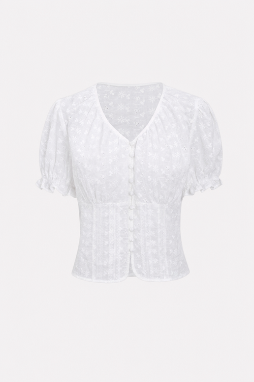 White Floral Eyelet Cotton Blouse, Tie Back