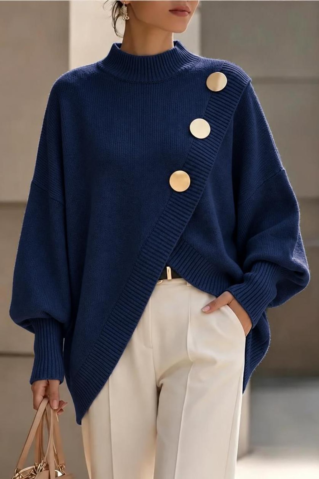 Soft Knit Asymmetrical Hem Button Pullover Sweater - 8