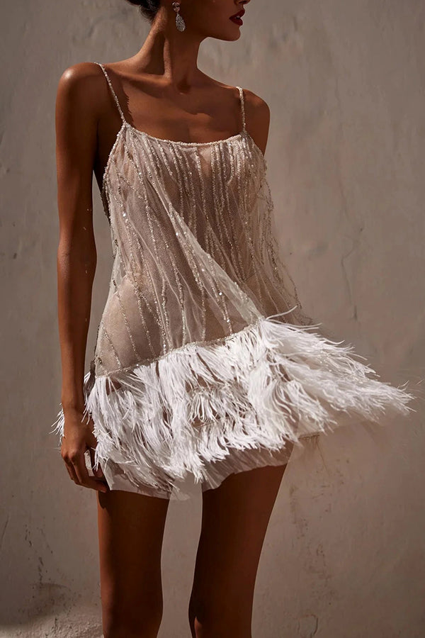 White sequin fringed mesh mini dress - view 4