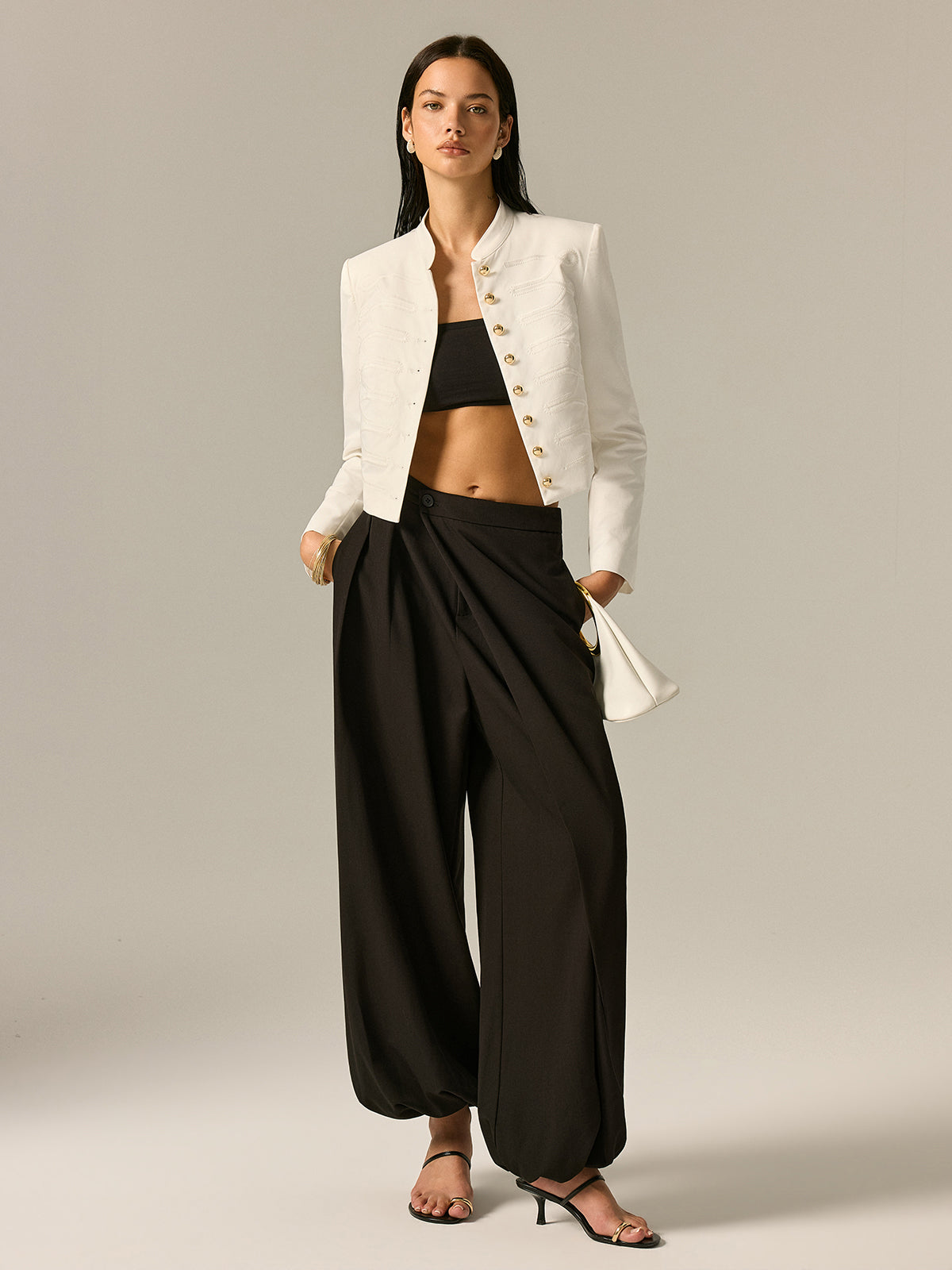 Off-white woven blazer with embroidered stand collar - view 2