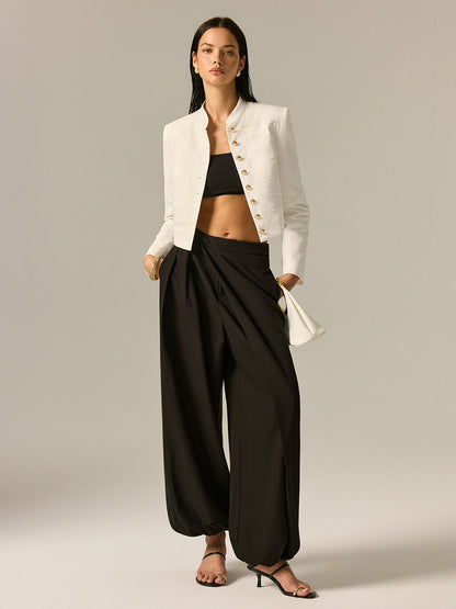 Off-white woven blazer with embroidered stand collar - view 2