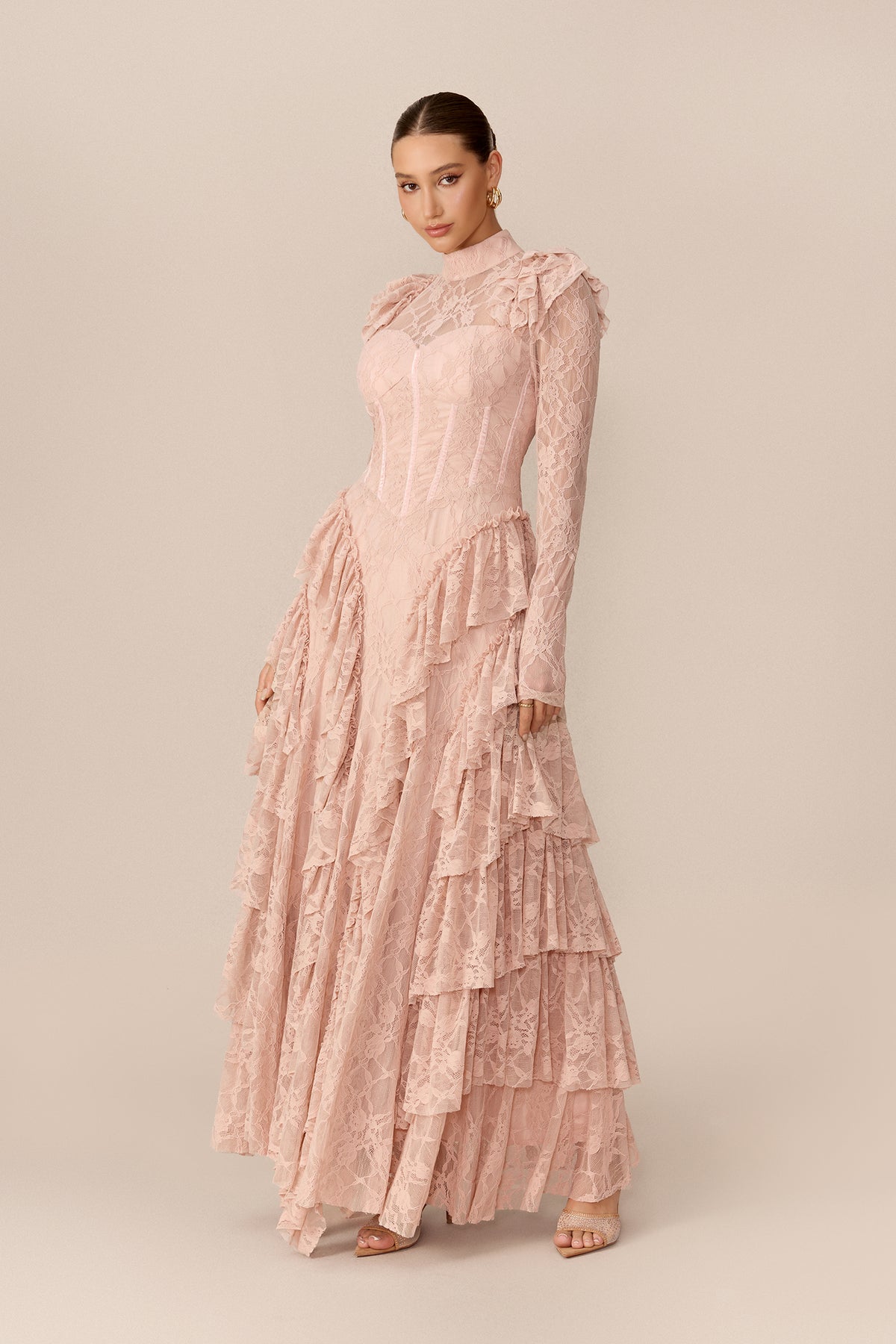 Long Sleeve Lace Corset Maxi Dress in Pink - view 5