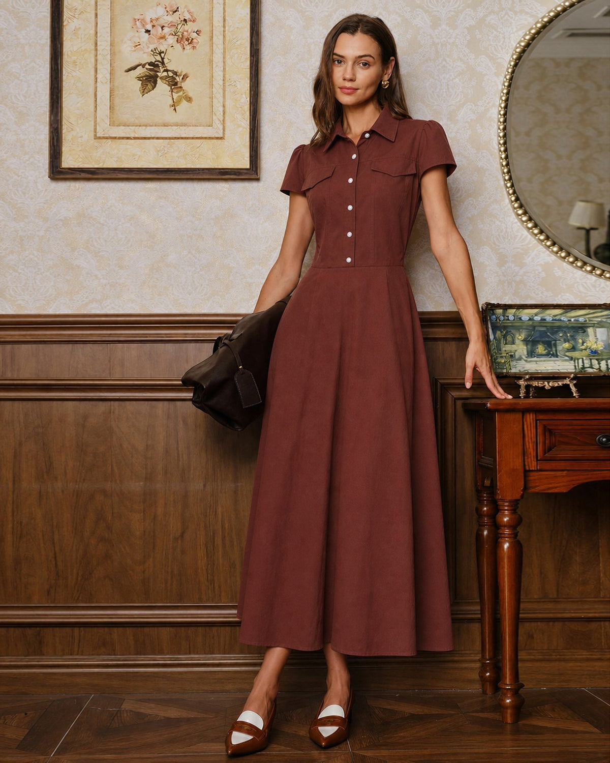 Red Collar Midi Dress With Pockets & Button Front - 2