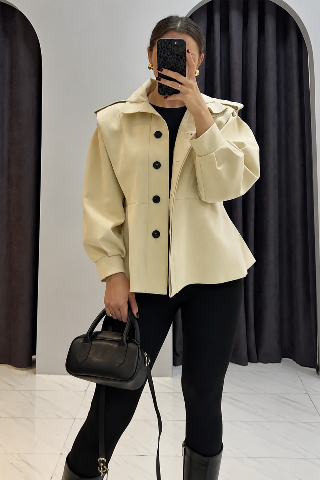 Polyester Trench Coat Cropped With Waist Cinch - 3