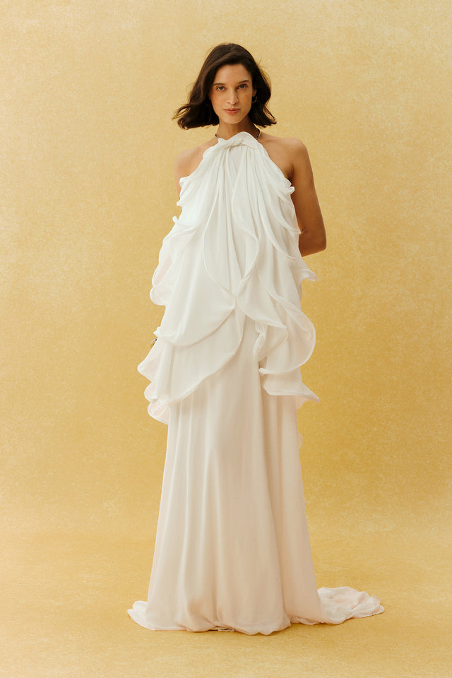 Chiffon Halter Neck Ruffle Maxi Dress - 6