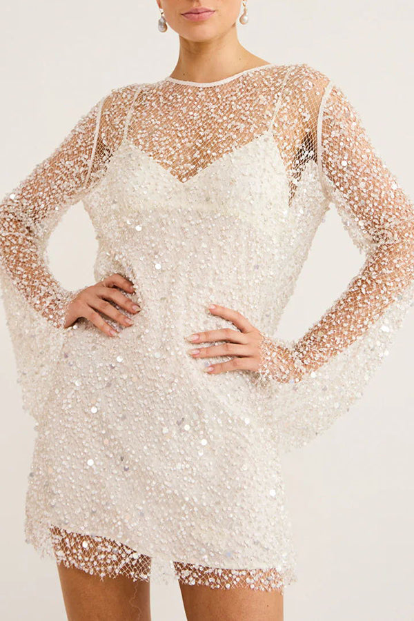 Sequin and pearl mini dress with long sleeves - view 2