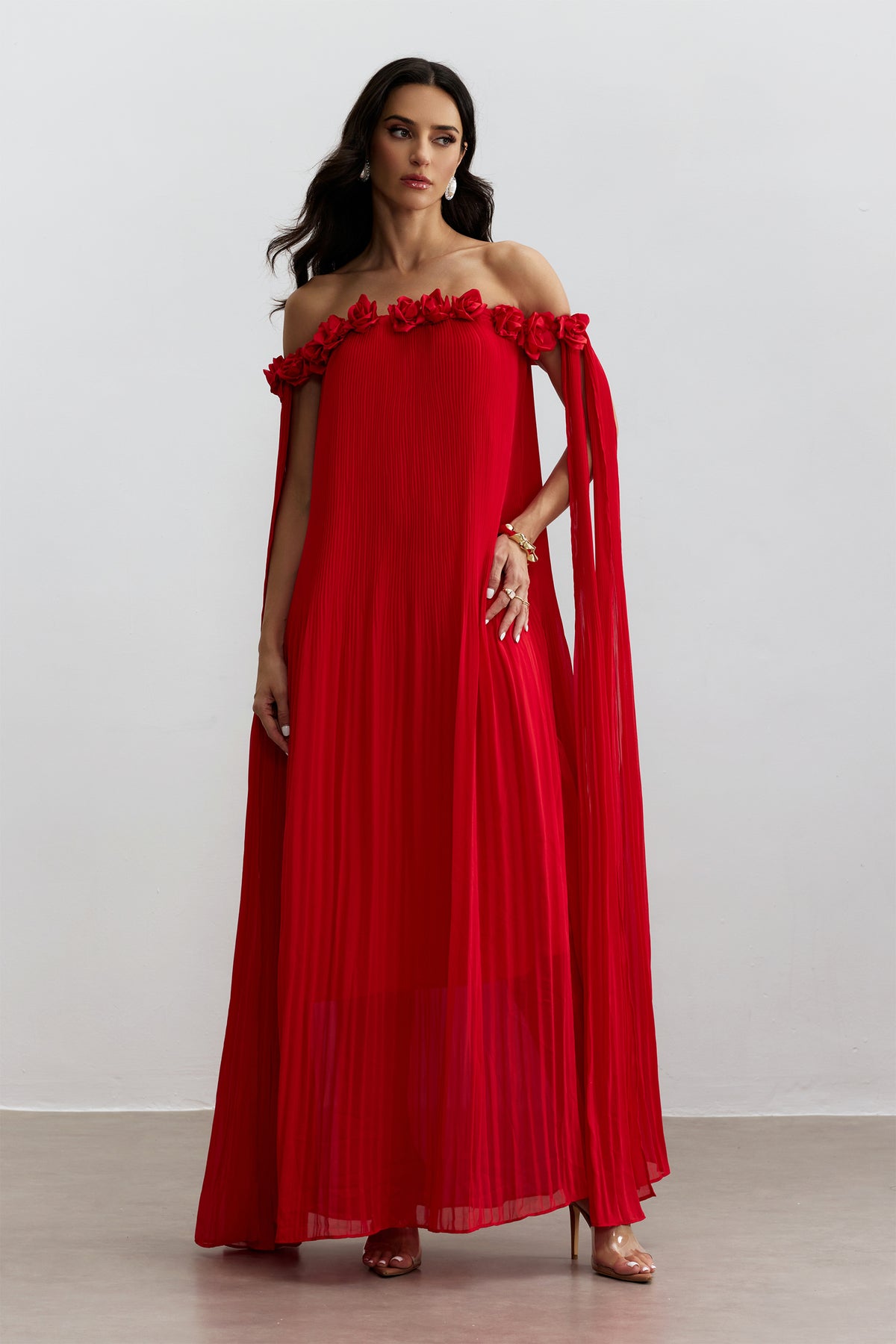 Off-Shoulder Rosette Maxi Dress in Red - view 6