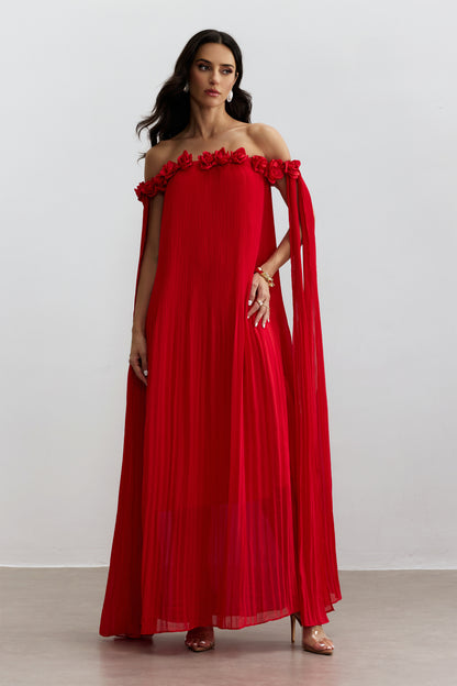 Off-Shoulder Rosette Maxi Dress in Red - view 6