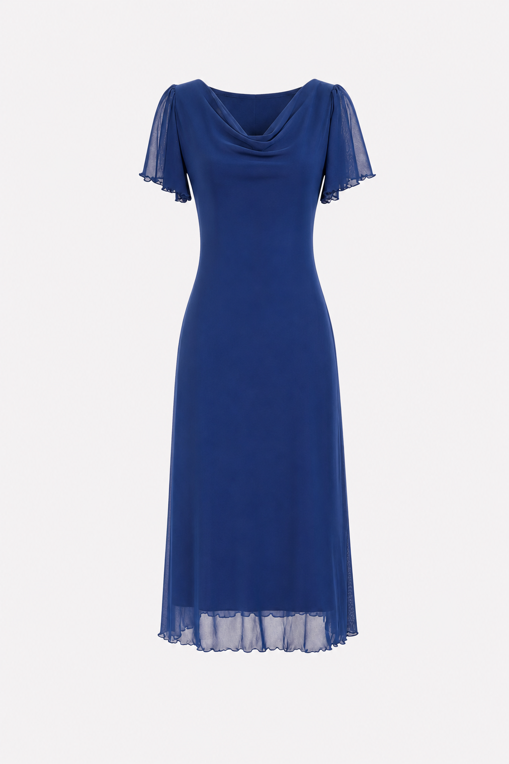 Navy Cowl Neck Mesh Midi Dress