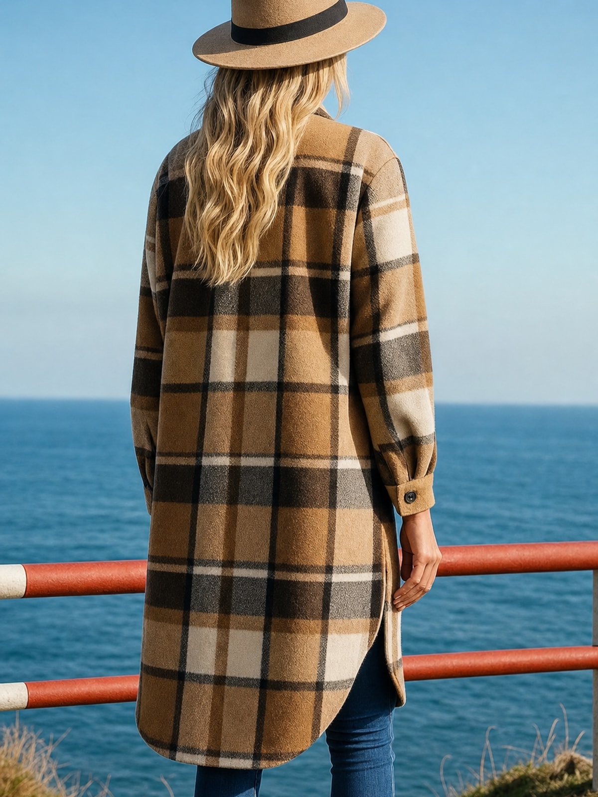 Longline Checked Coat Relaxed Fit For Fall & Winter - 3