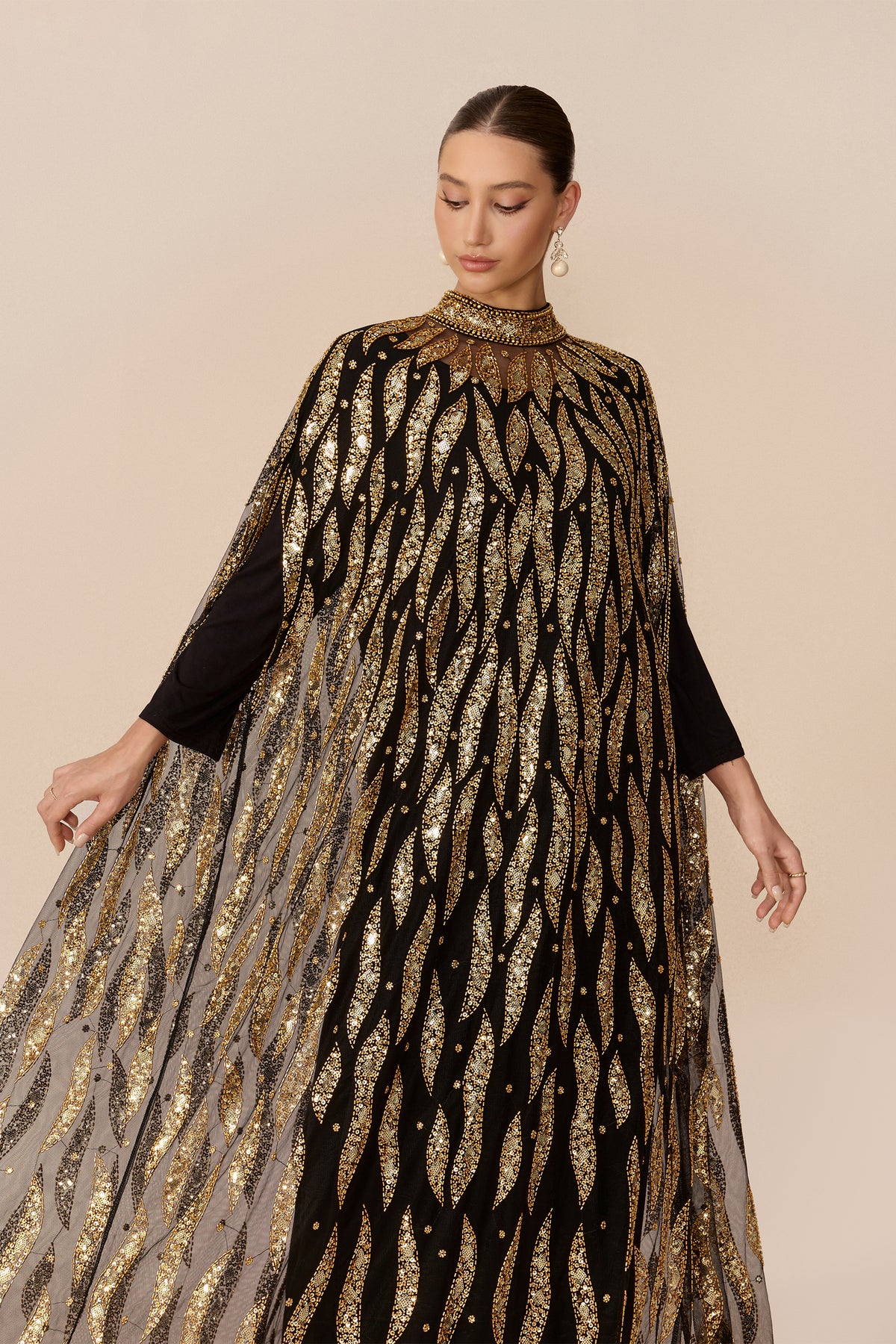 Black sequin embroidery cape-sleeve maxi dress - view 3