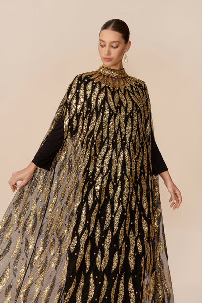Black sequin embroidery cape-sleeve maxi dress - view 3