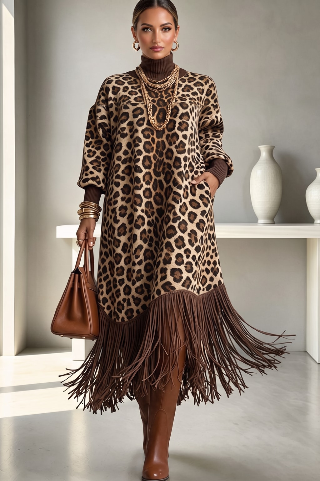 Polyester Midi Dress With Leopard Print Detail - 2