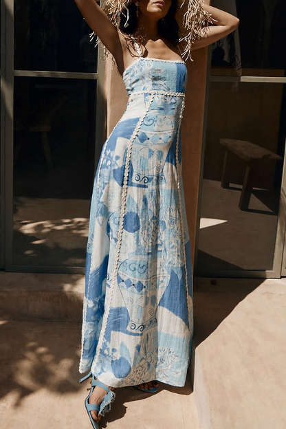 Tie-Back Linen Maxi Dress in Blue - view 3