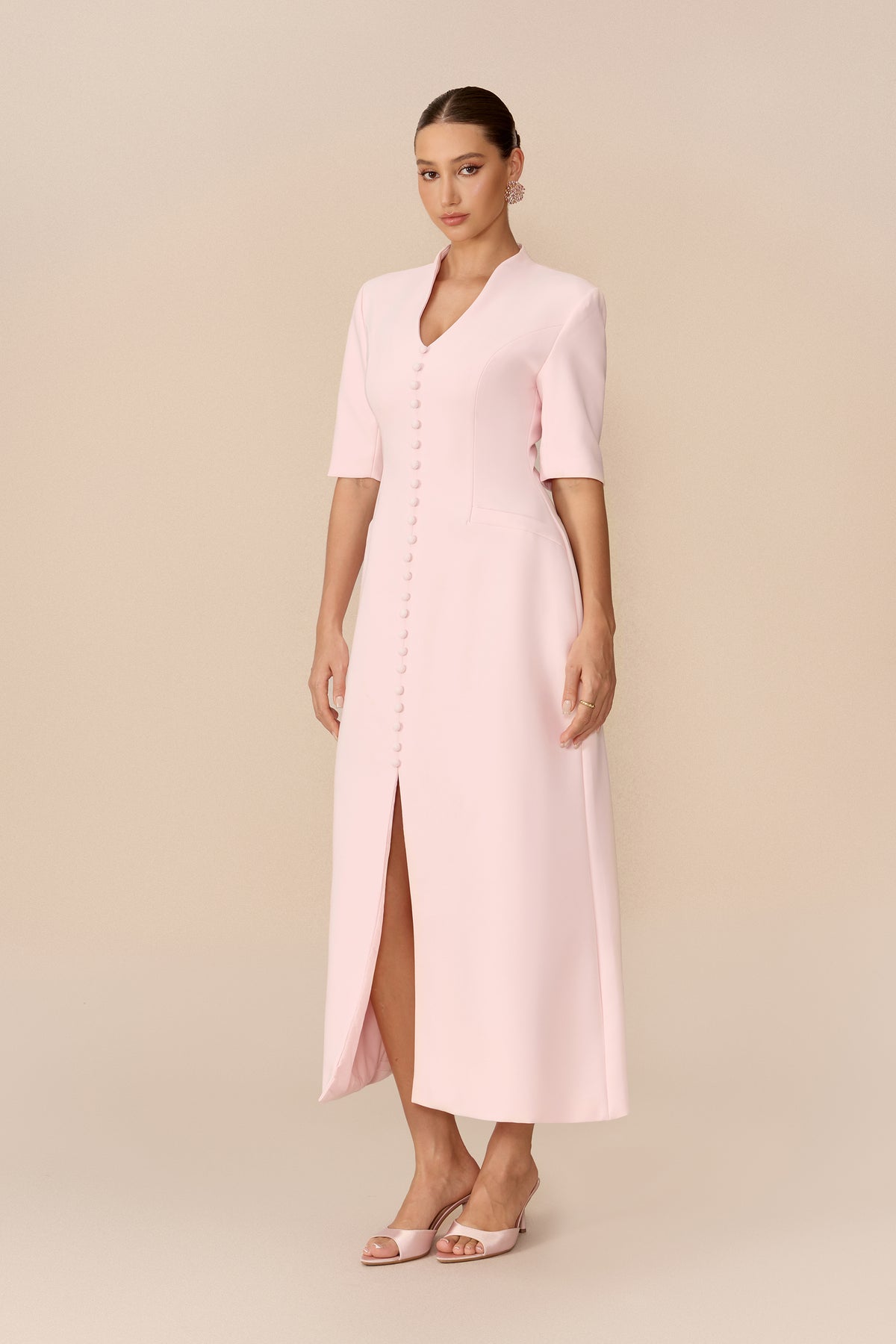 Pink stand collar maxi dress with front slit - view 5