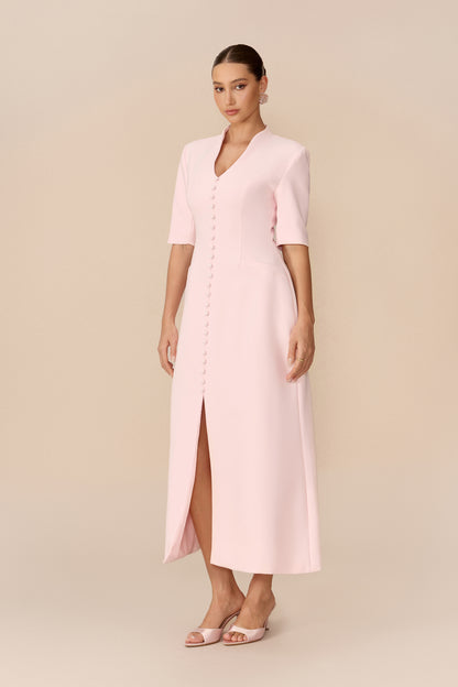 Pink stand collar maxi dress with front slit - view 5