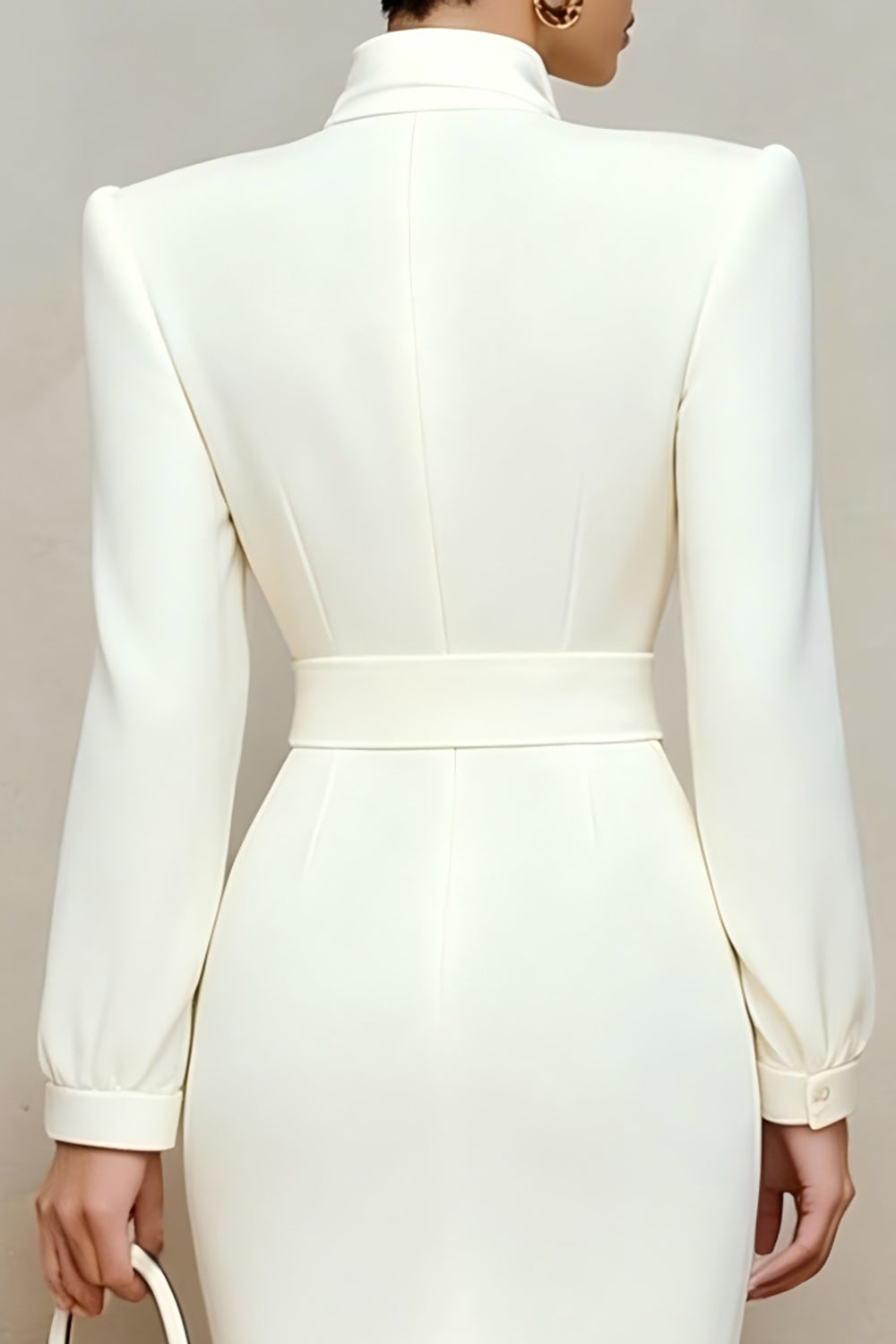 Satin pencil work dress with high-neck bow - view 5