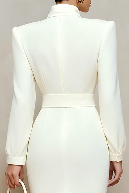 Satin pencil work dress with high-neck bow - view 5