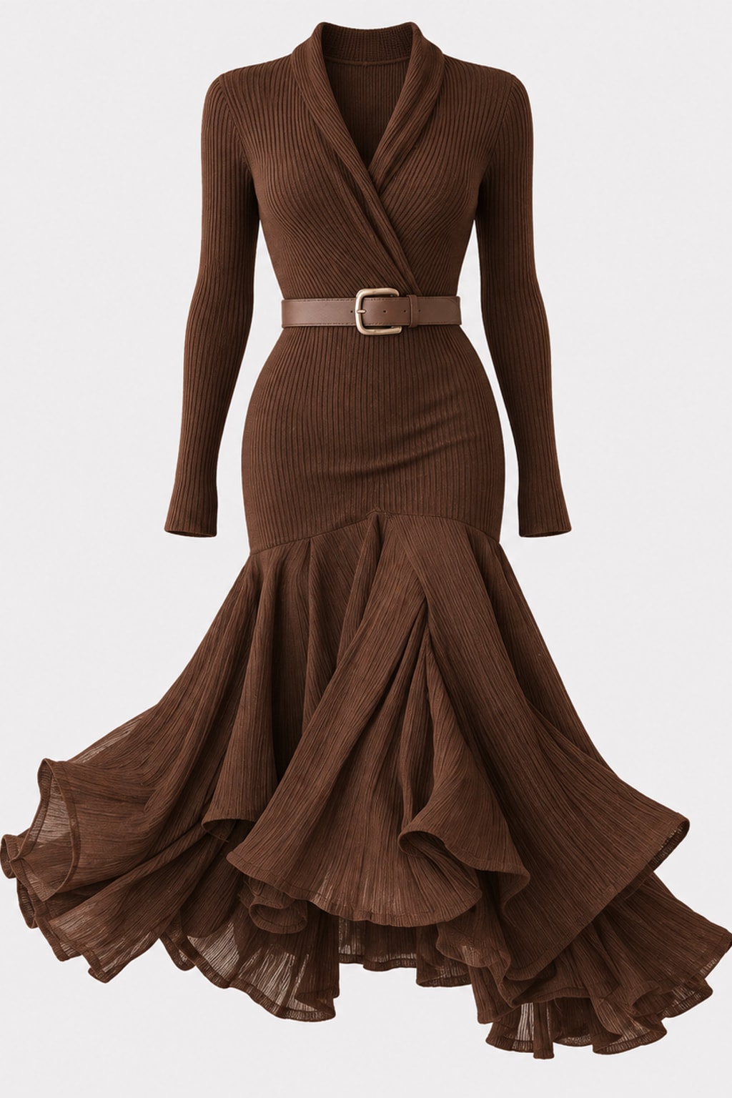 Synthetic Fiber Knitted Dress V-Neck Ruffle Hem - 1