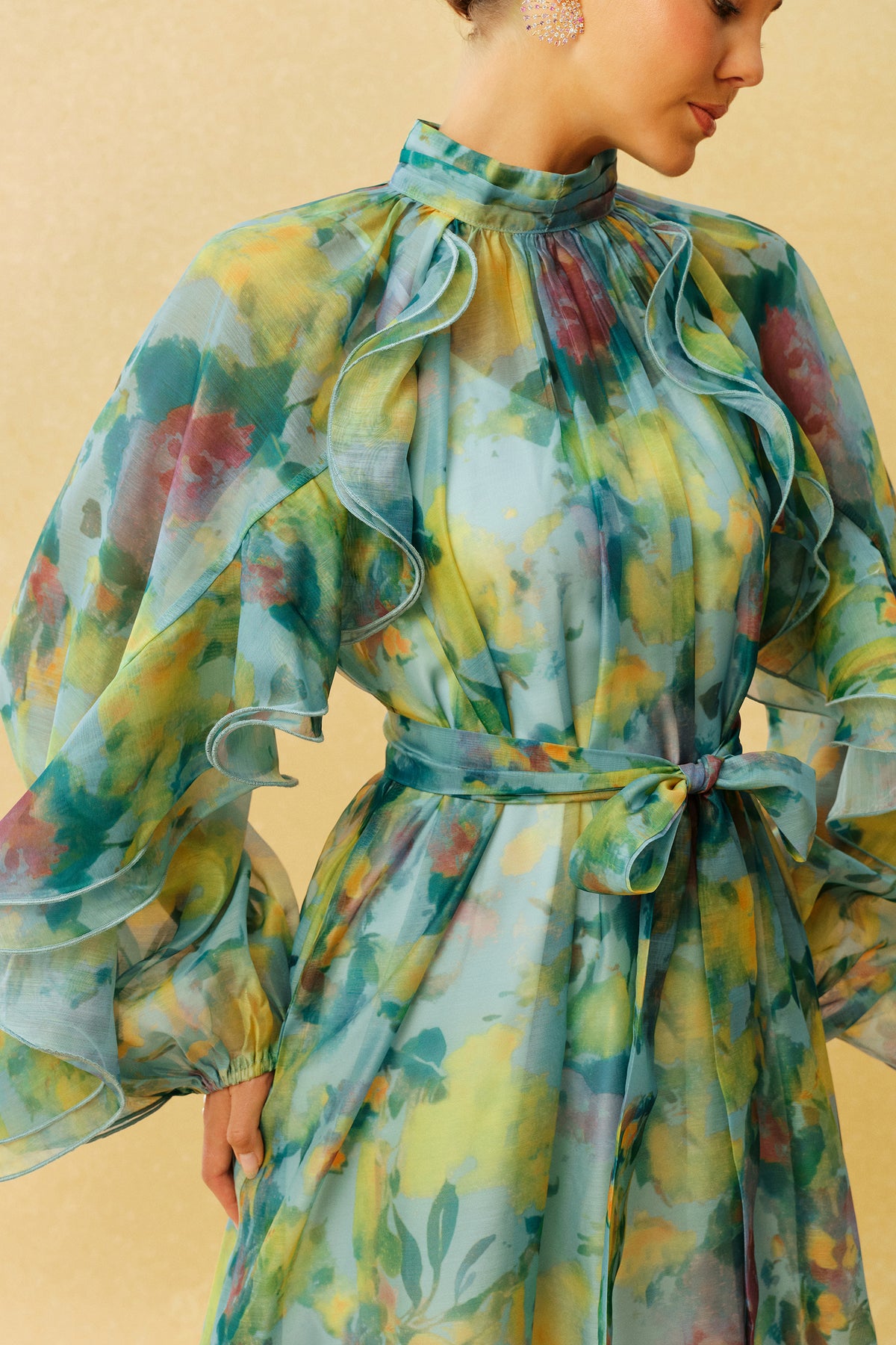 Green ruffle sleeve high neck midi dress - view 3
