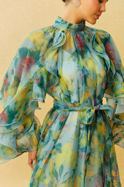 Green ruffle sleeve high neck midi dress - view 3