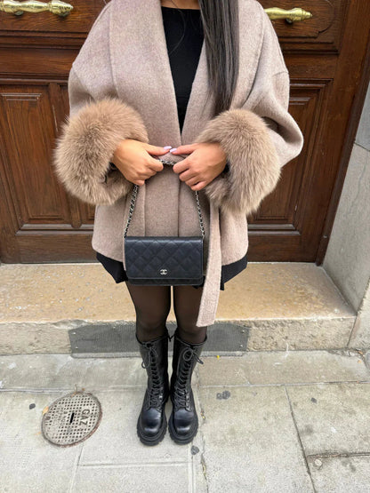 Faux Fur Collar Jacket with Cinched Waist - view 3