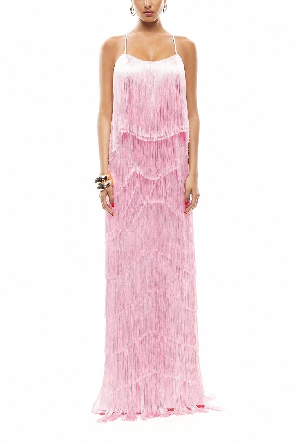 Polyester Tiered Tassel Tie-Back Maxi Dress - 2