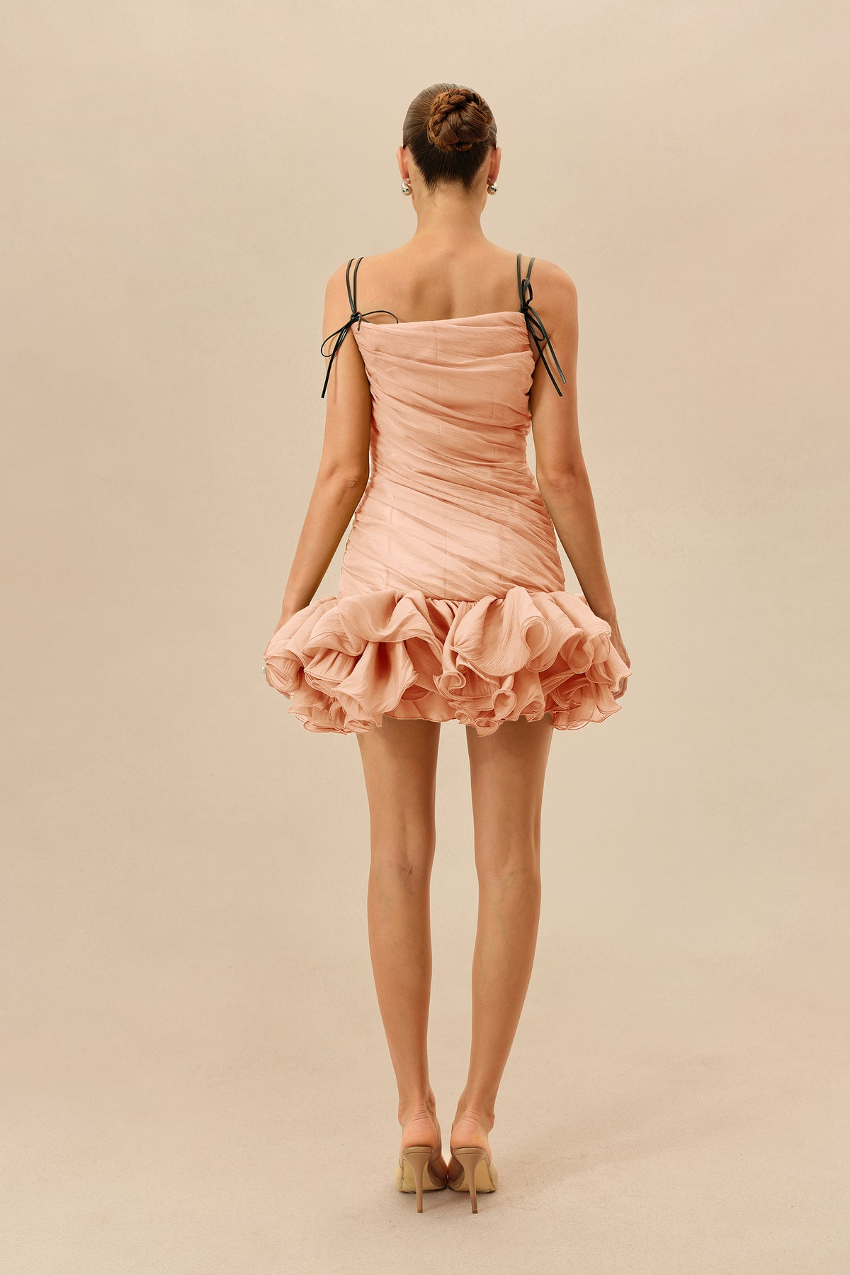 Pink Ruched Mini Dress With Ruffle Hem - view 4