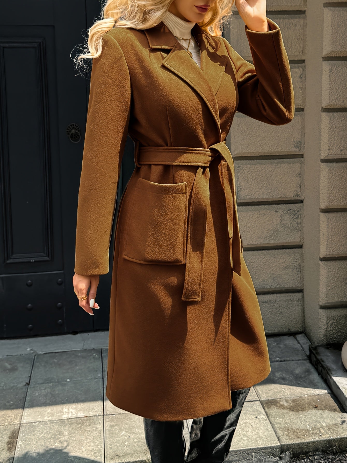 Tailored belted long coat with waist tie - view 9