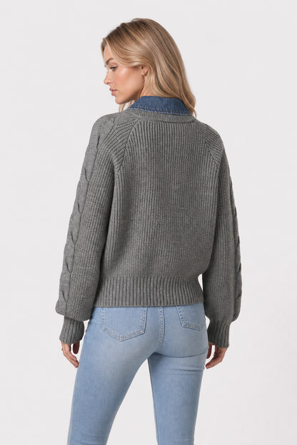 Denim Panel Sweater with Ribbed Lapel - view 5