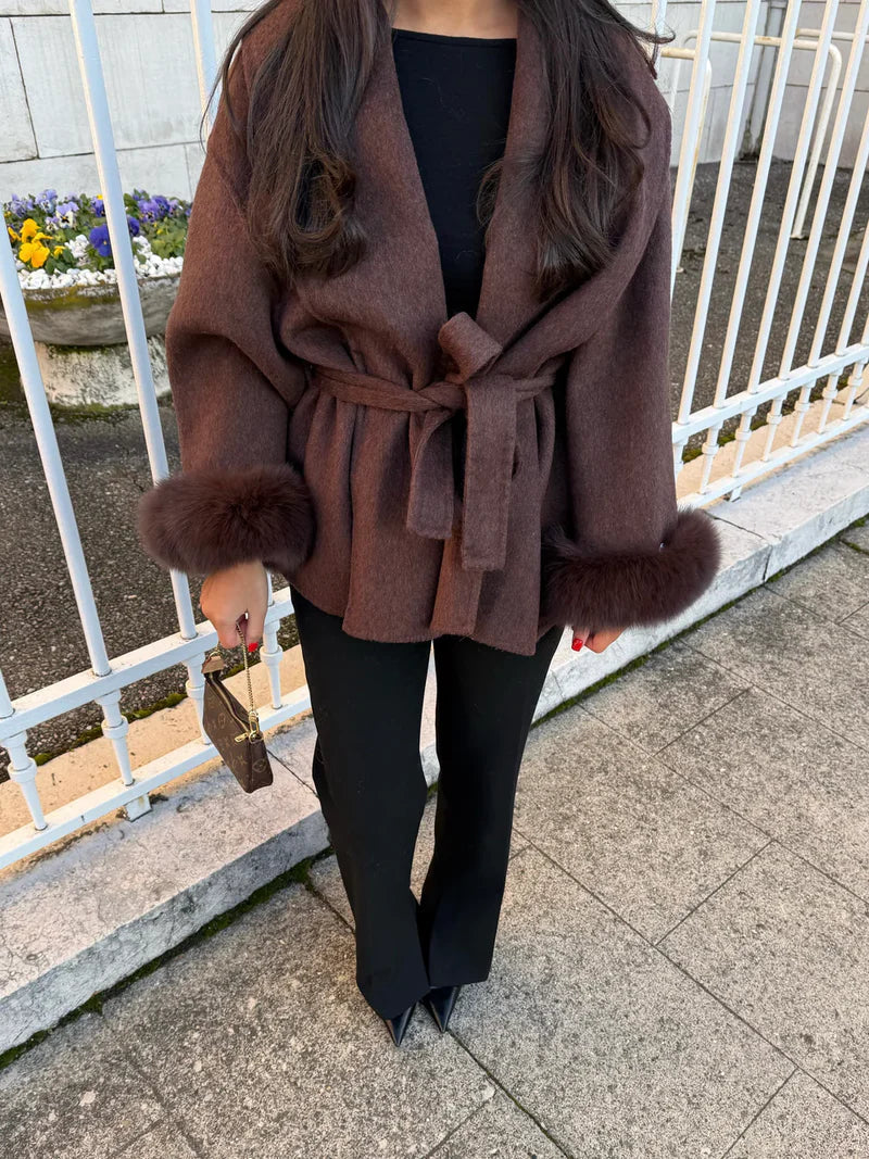 Faux Fur Collar Jacket with Cinched Waist - view 5