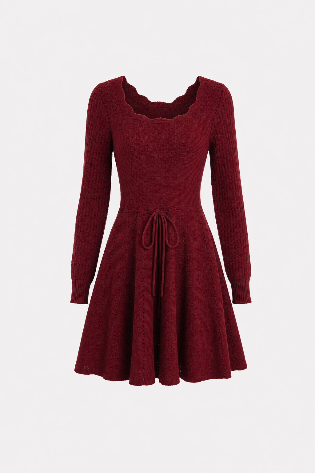 Wine red A-line sweater dress with tie waist