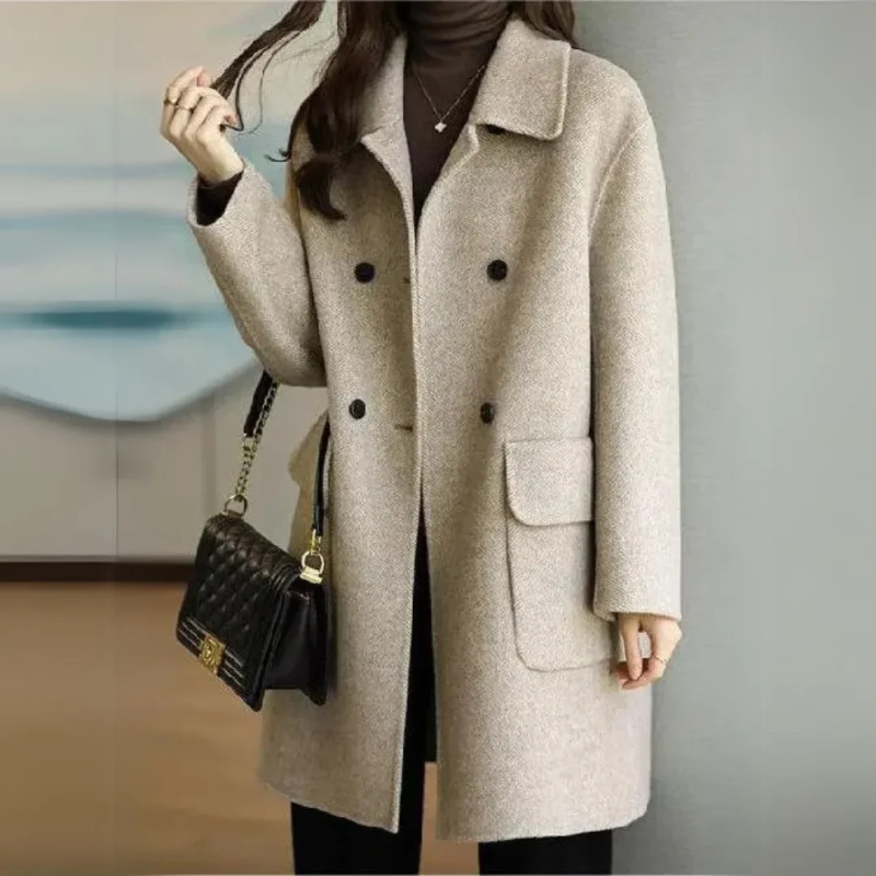 Wool blend double breasted coat with notch lapel - view 3