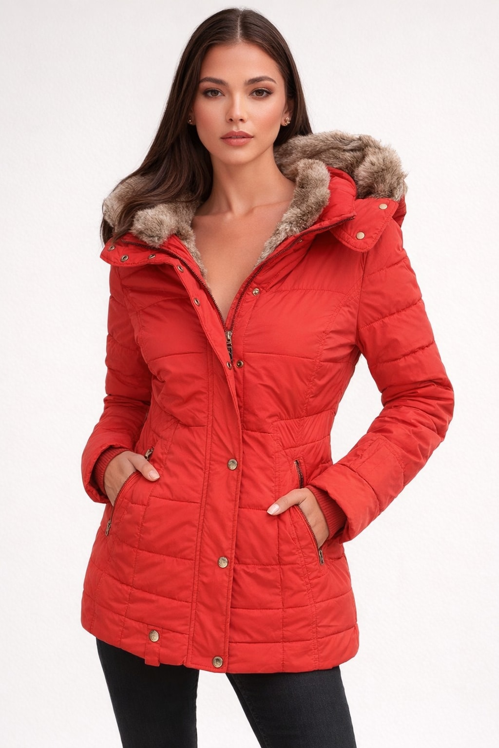 Quilted Women's Parka Coat With Faux Fur Hood - 7