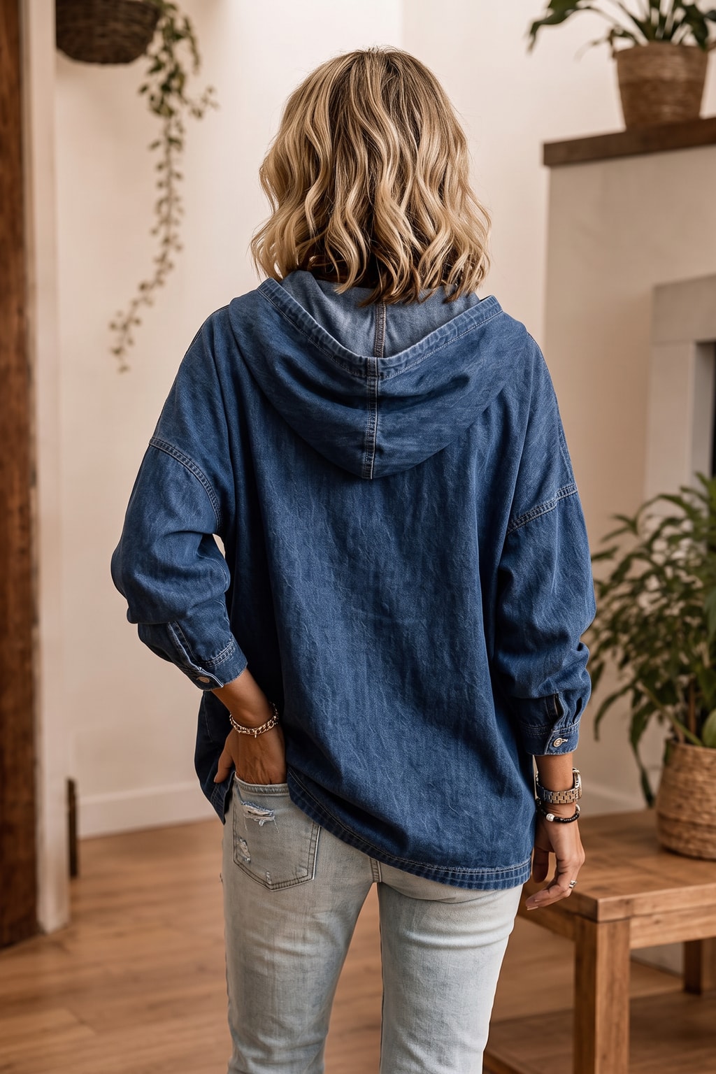 Denim-Look Oversized Dropped-Shoulder Hoodie - 3