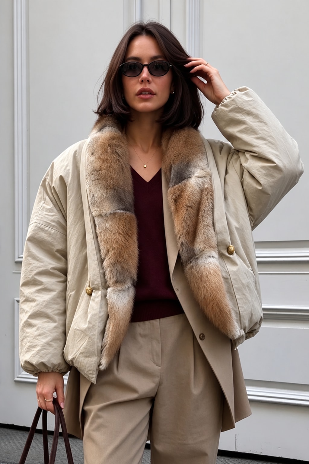 Blended Puffer Jacket Faux Fur Collar Oversized - 2