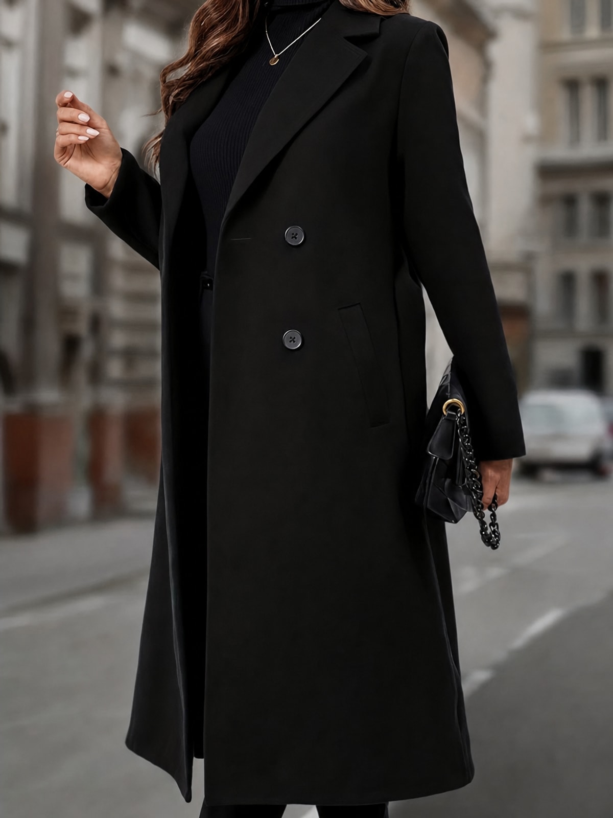 Elegant Women's Double-Breasted Long Coat With Tailored Fit - 4