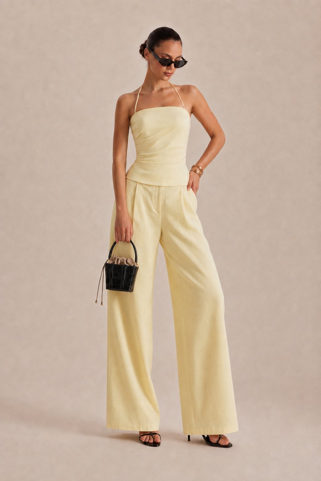 Light yellow ruched halter and wide-leg pants set - view 2