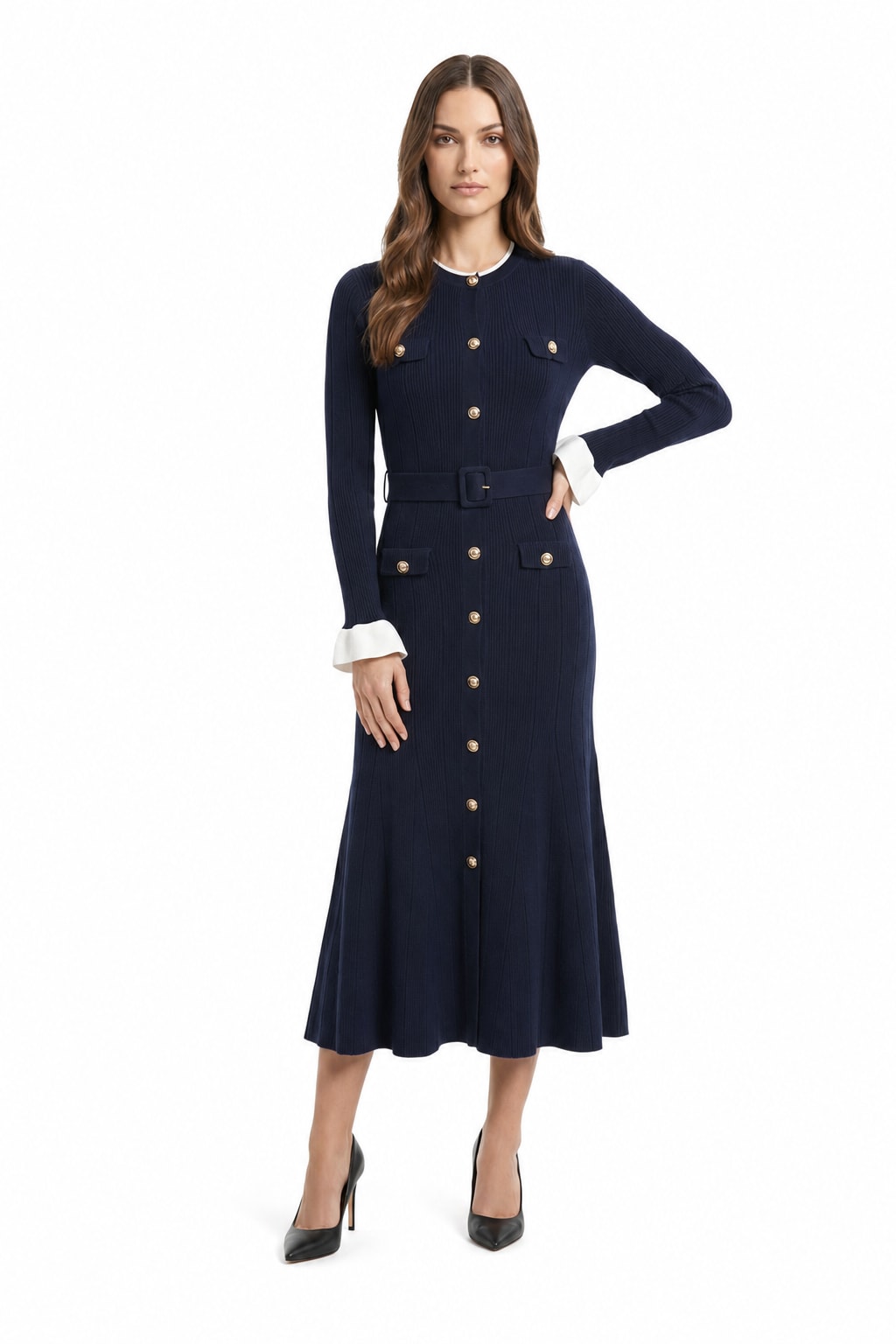 Acrylic Blend Belted Long-Sleeve Midi Dress - 2