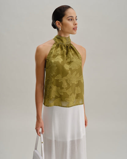 Green Floral Tie-Back Turtleneck Tank Top - view 2