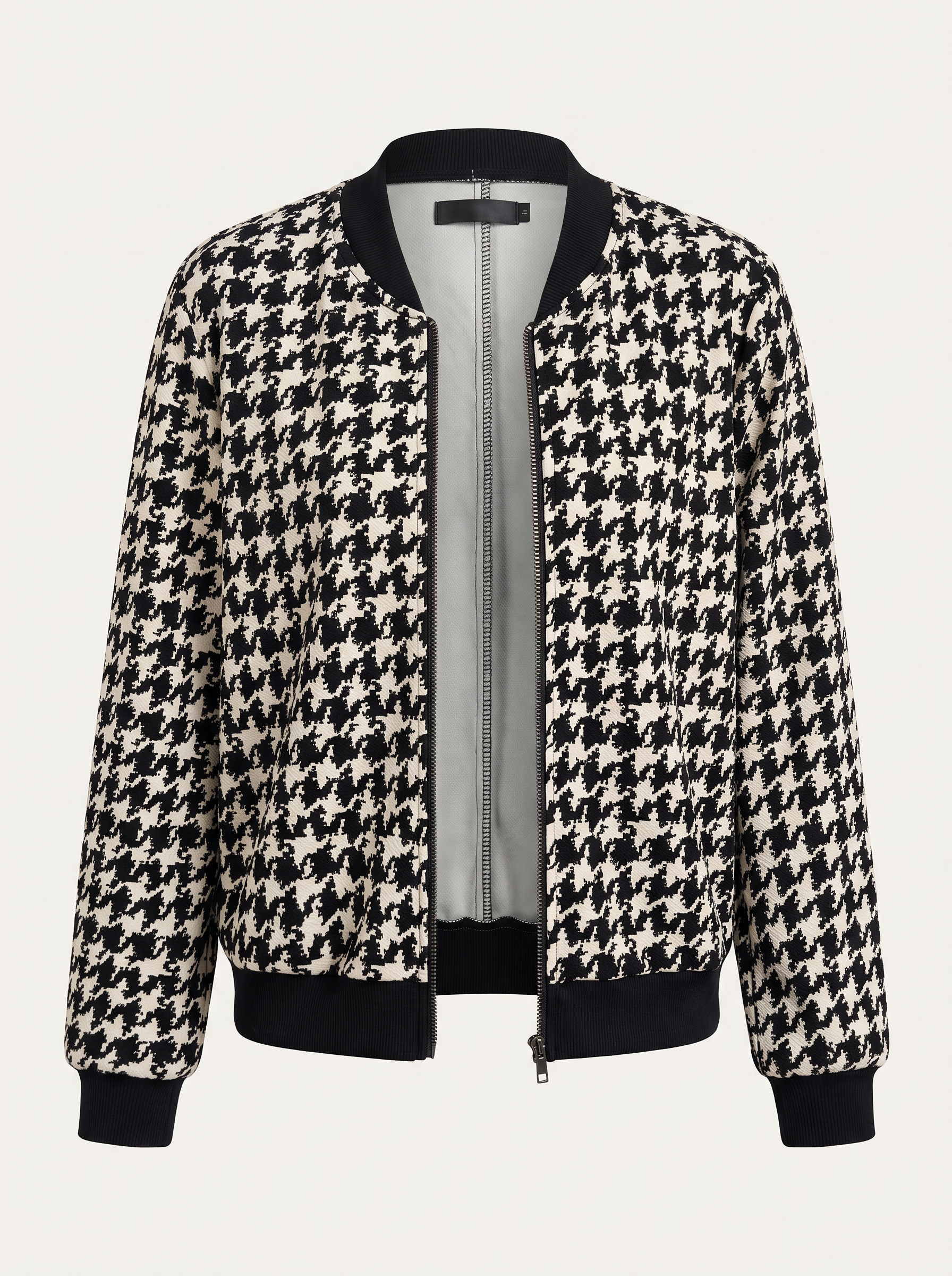 Black Bomber Jacket with Houndstooth Ribbed Trim