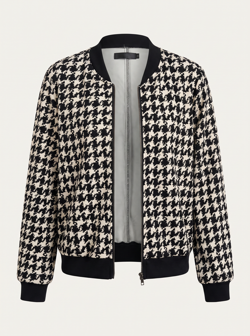 Black Bomber Jacket with Houndstooth Ribbed Trim