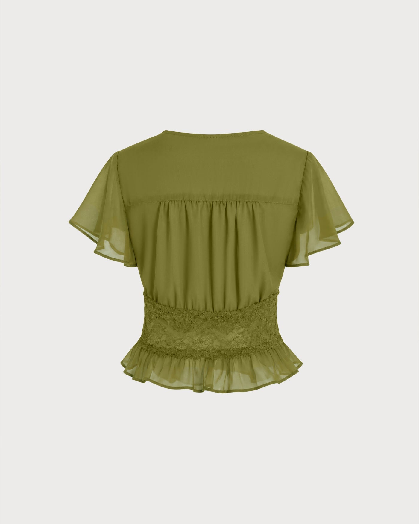 Green V-Neck Ruched Lace Chiffon Blouse - view 5