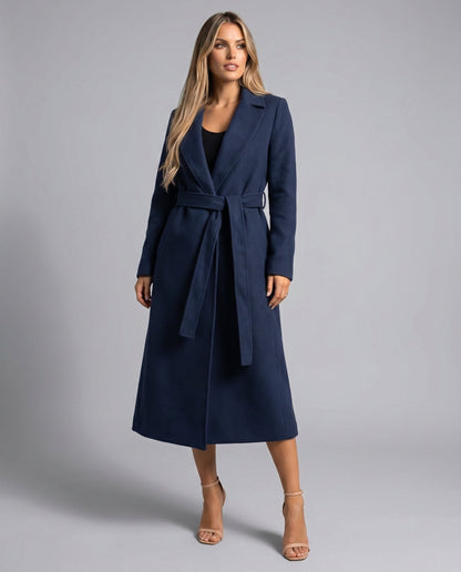 Navy wool blend trench coat with belted waist - view 5