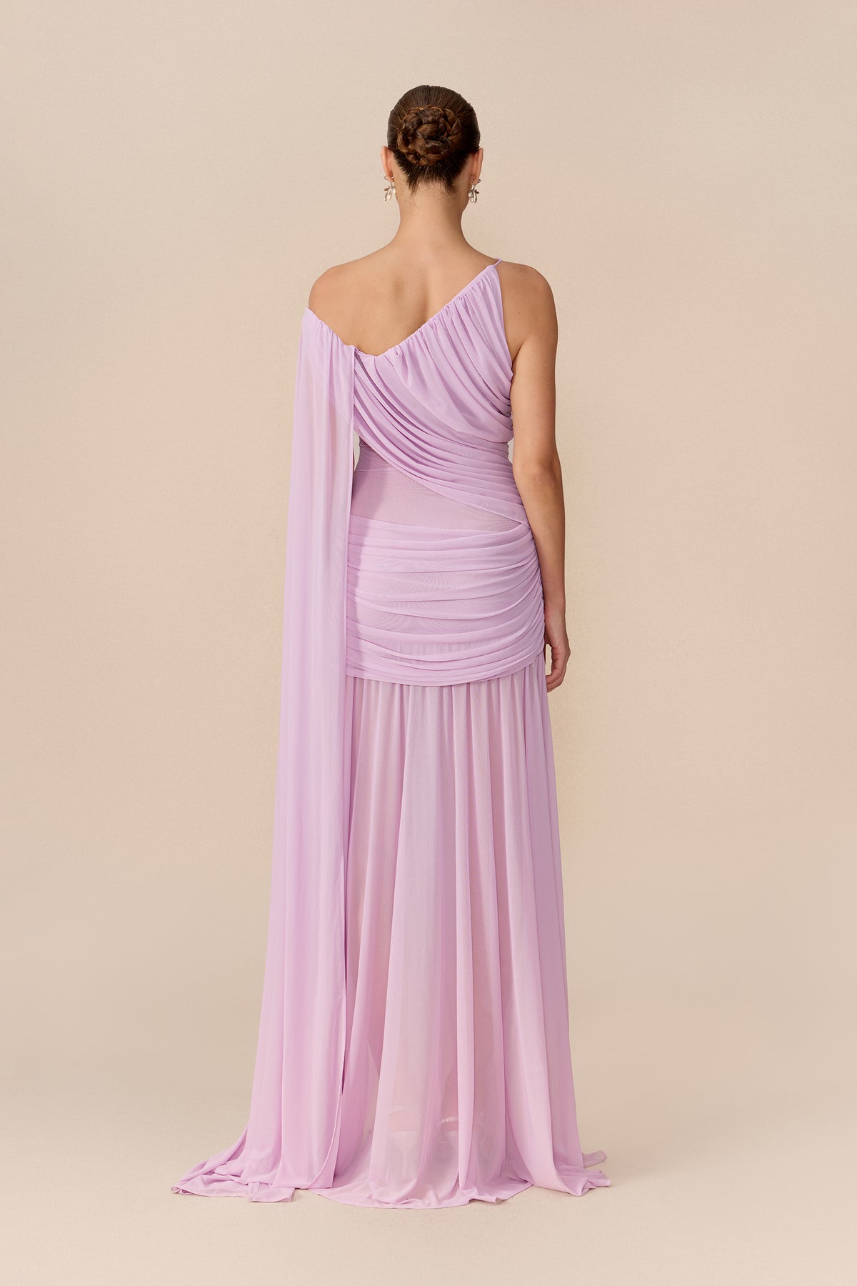 Mesh Maxi Dress With Asymmetric Cape Sleeve - 4