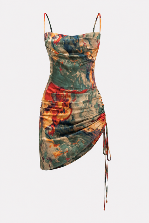 Satin slip mini dress with ruched drawstring waist