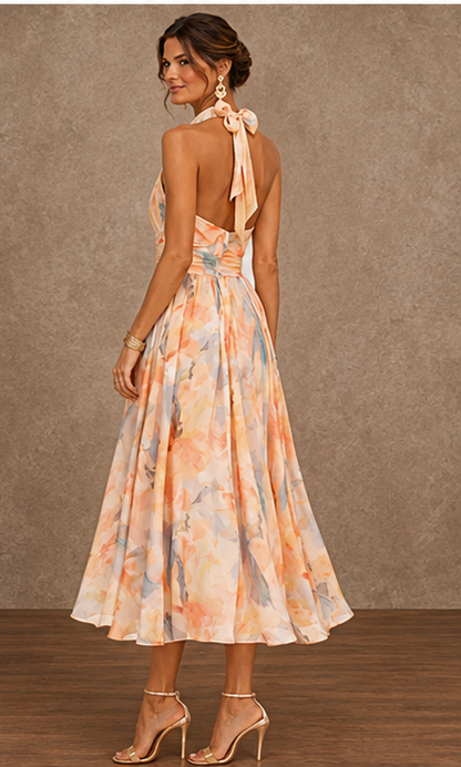 Orange floral watercolor halter maxi dress - view 4